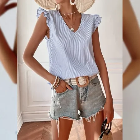 Blusa Con Estampado De Rayas De Manga Con Volante 5