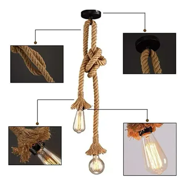 Lampara Colgante De Cañamo Vintage Con 2 Luces 7