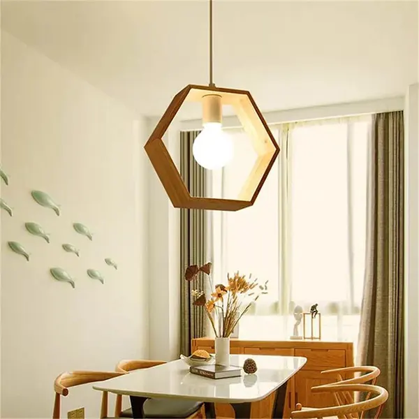 Lampara Colgante Vintage De Madera Hexagonal 6
