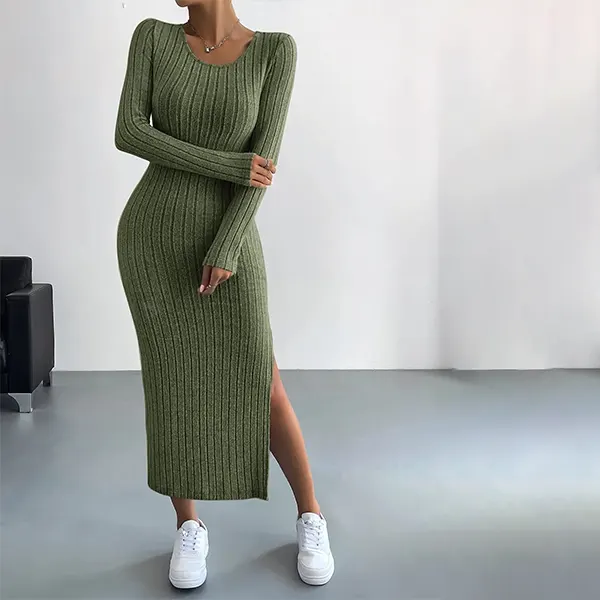 Vestido Ajustado Unicolor De Muslo Con Abertura 3