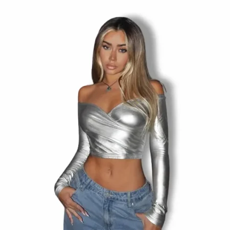 Crop Top Plateado De Hombros Descubiertos